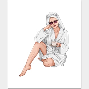 Beautiful woman with cup of tea in white spa robe Posters and Art